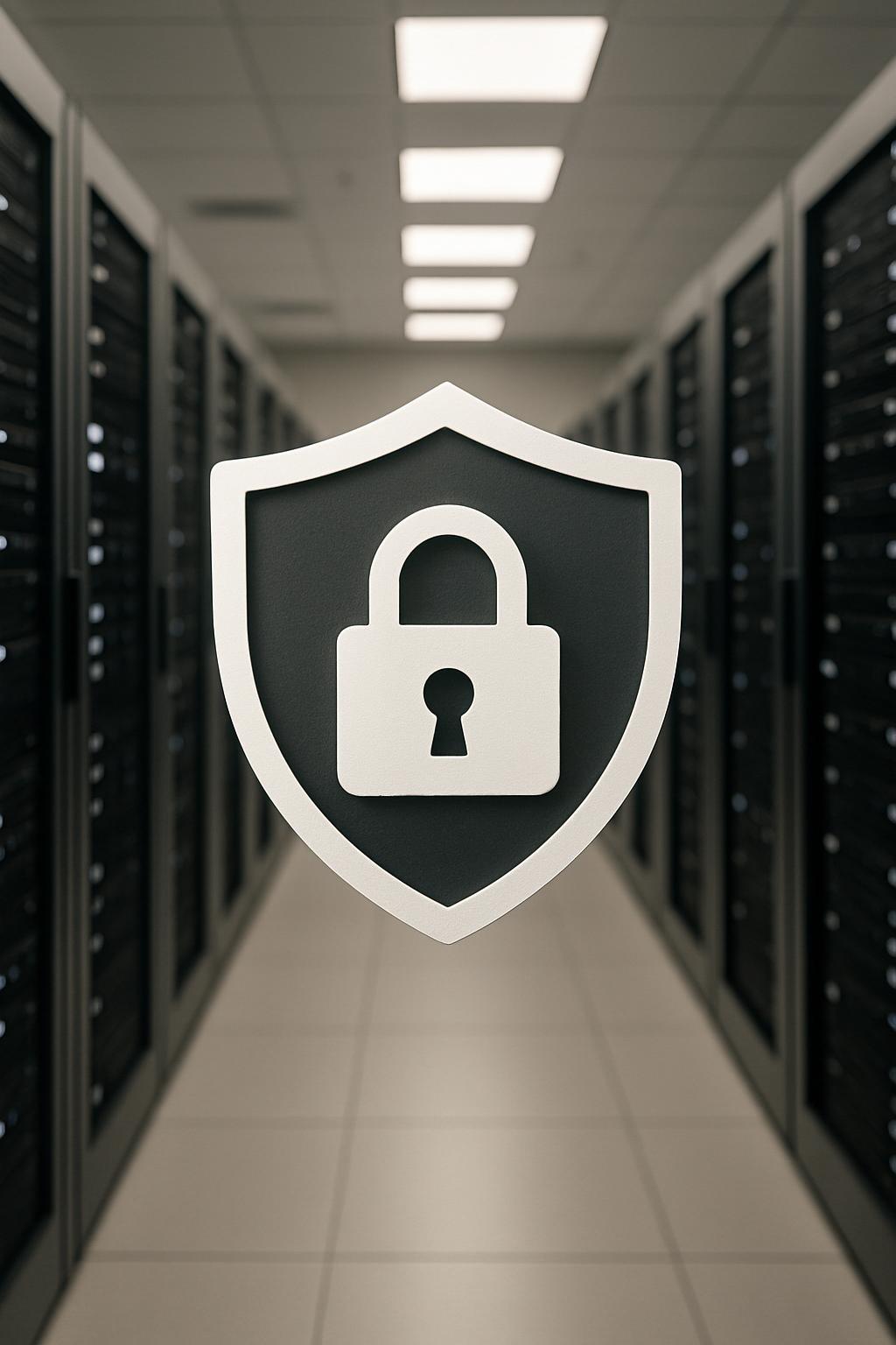 An empty server room featuring rows of identical computers with black bodies and gray panels. There is a symbol in the cen...